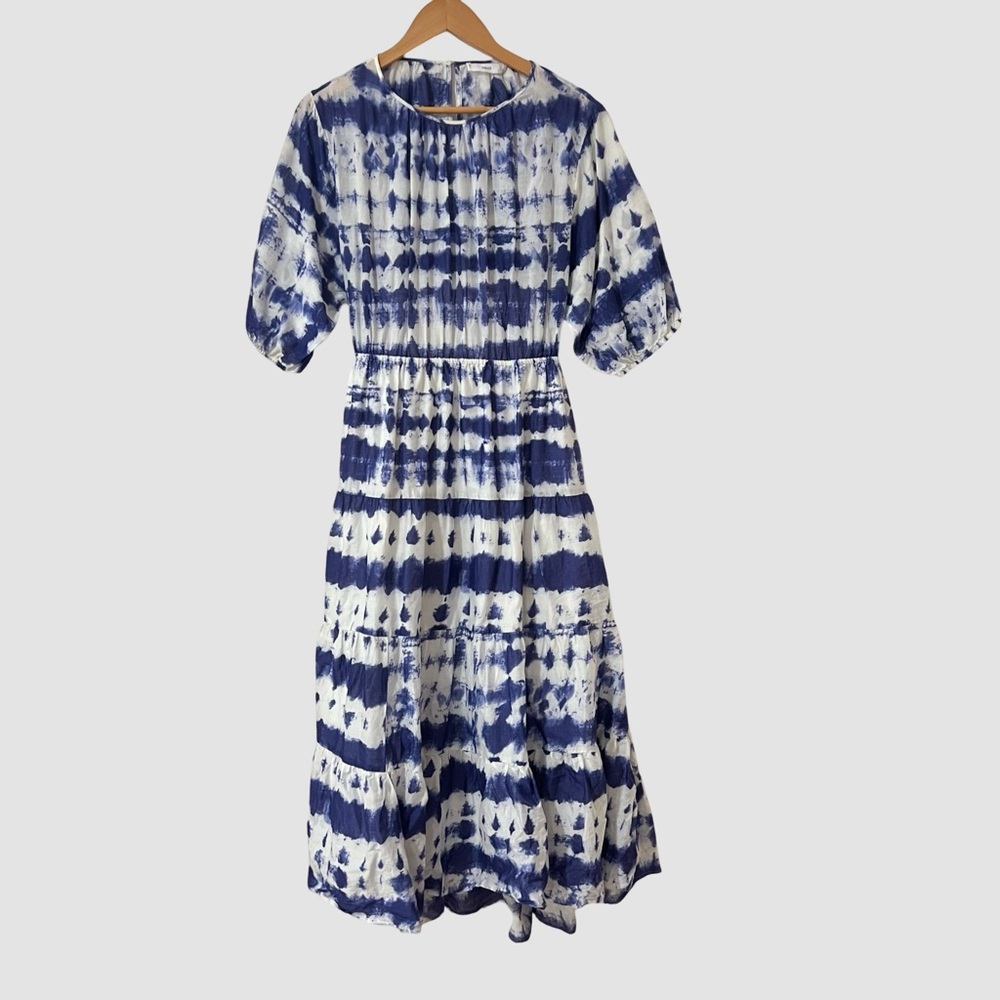 Mango MNG Blue Tie Dye Open Back Puff Sleeve Cotton Maxi Dress US6